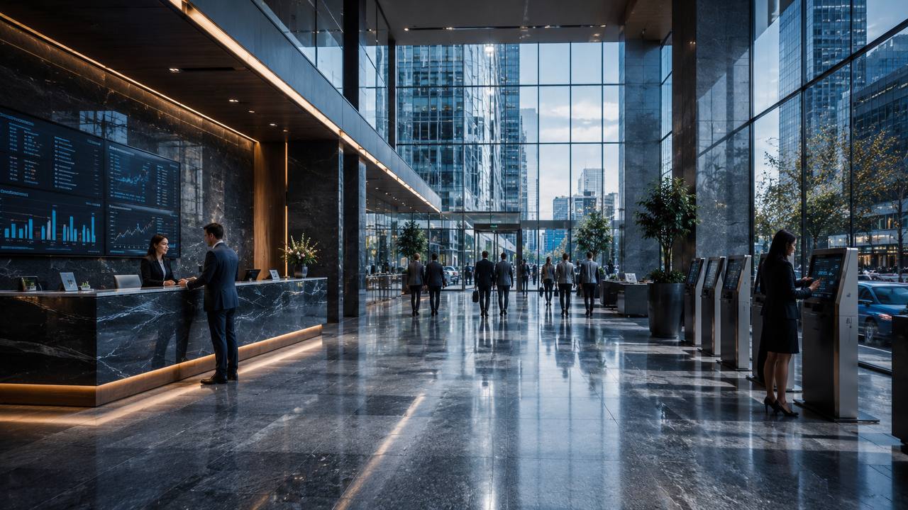Modern institutional lobby in a financial district