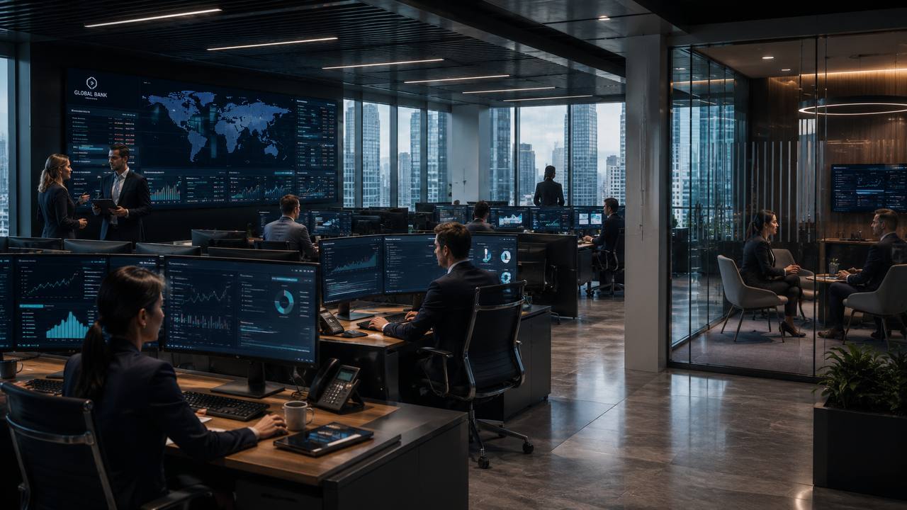 Modern financial operations floor with digital systems